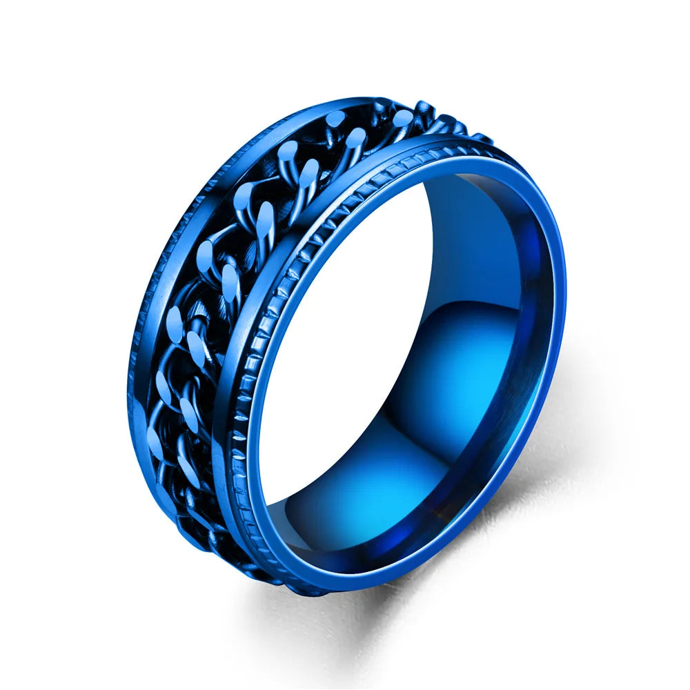 bague fidget spinner chaine homme acier noir argent bleu