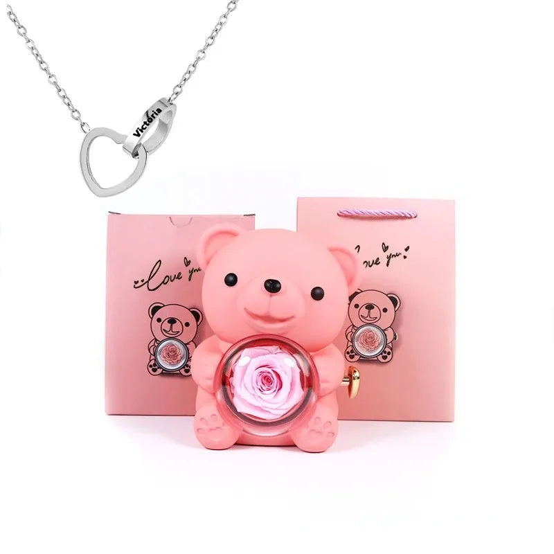 Ours Rose Éternelle & Collier Personnalisé