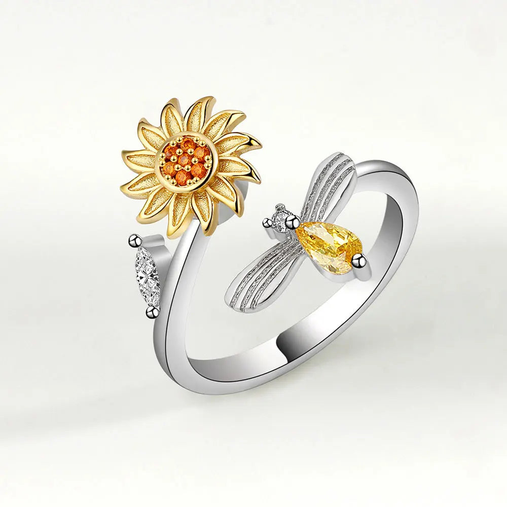 bague spinner tournesol argent 925 portee au doigt femme cadeau
