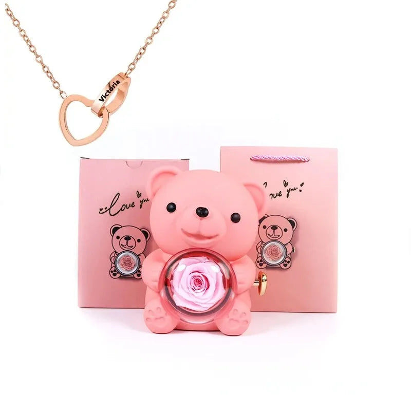 Ours Rose Éternelle & Collier Personnalisé