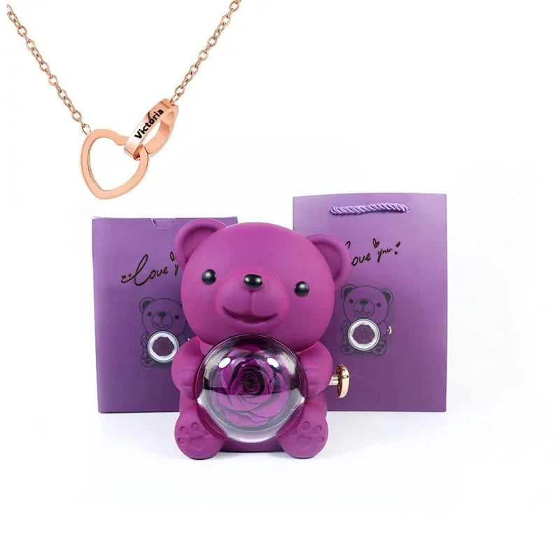 Ours Rose Éternelle & Collier Personnalisé