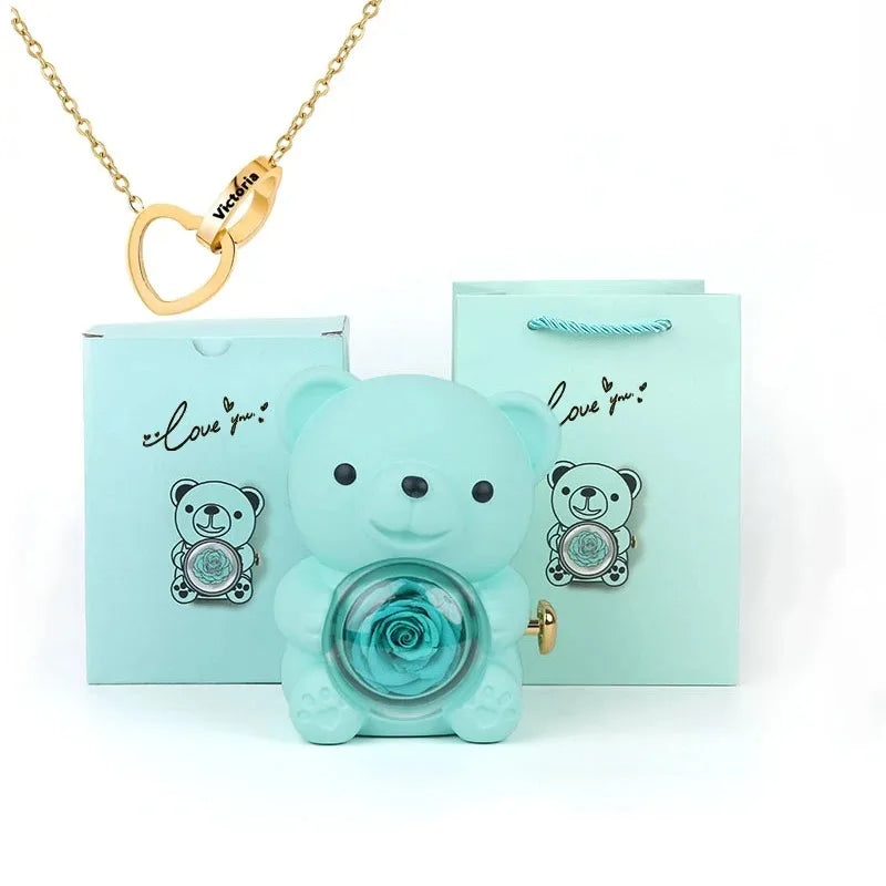 Ours Rose Éternelle & Collier Personnalisé
