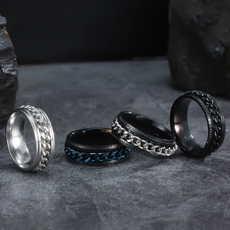 Bague Anti-Stress Rotative pour Homme – Spinner Fidget en Acier Inoxydable avec Chaîne Mobile