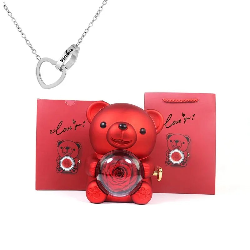 Ours Rose Éternelle & Collier Personnalisé