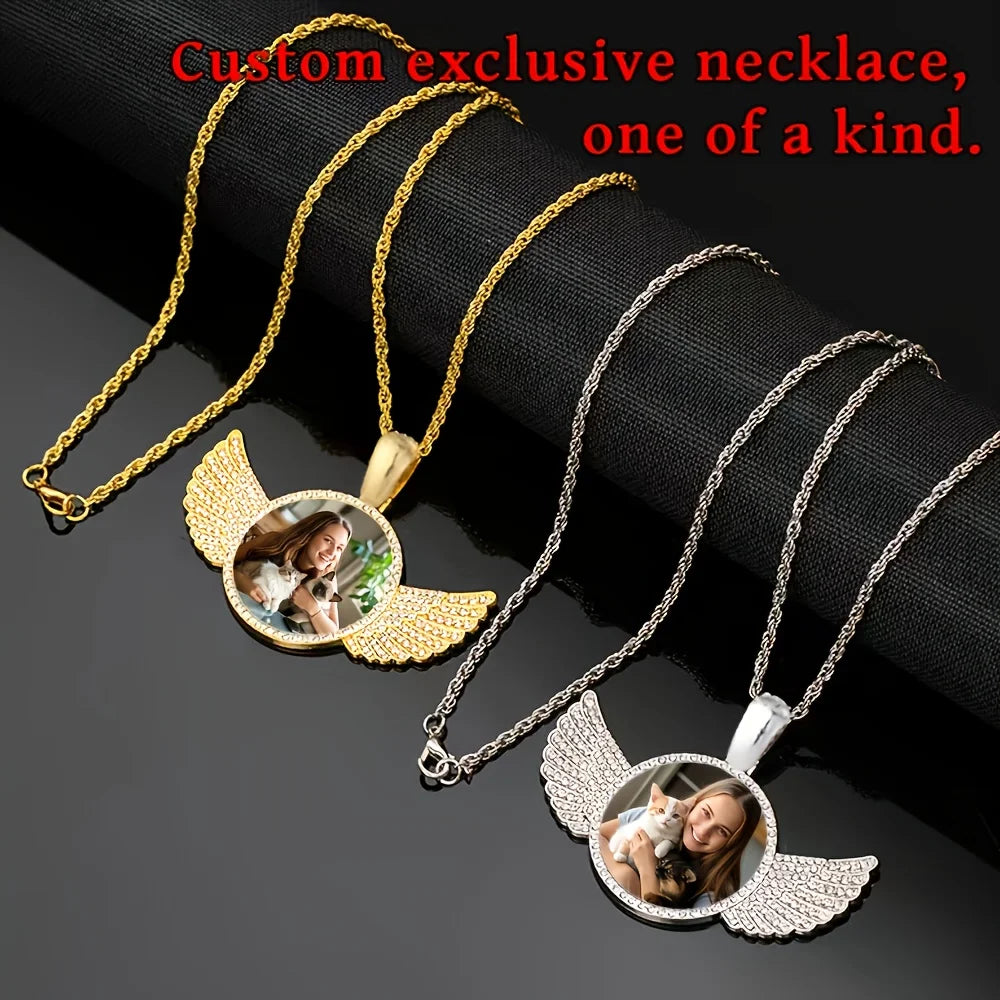 collier ailes ange photo personnalise dore ou argente