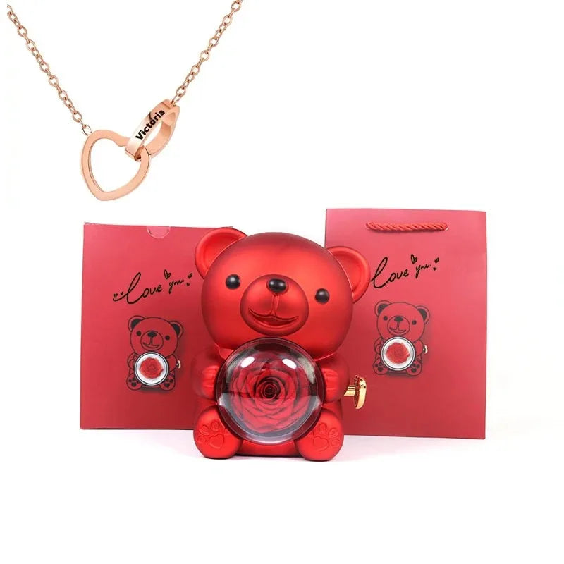 Ours Rose Éternelle & Collier Personnalisé