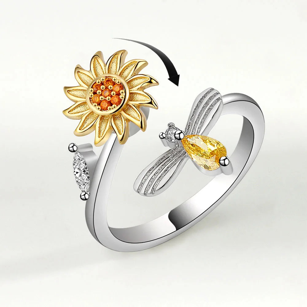 bague spinner tournesol argent 925 zircon anti-stress femme maison des emotions