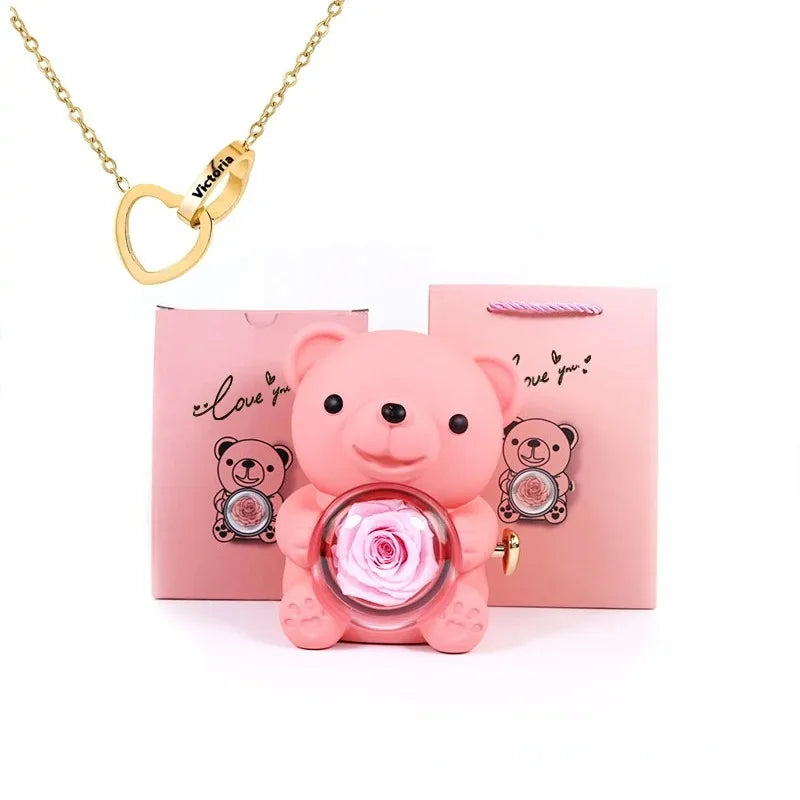 Ours Rose Éternelle & Collier Personnalisé