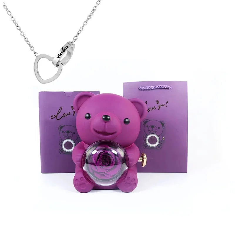 Ours Rose Éternelle & Collier Personnalisé