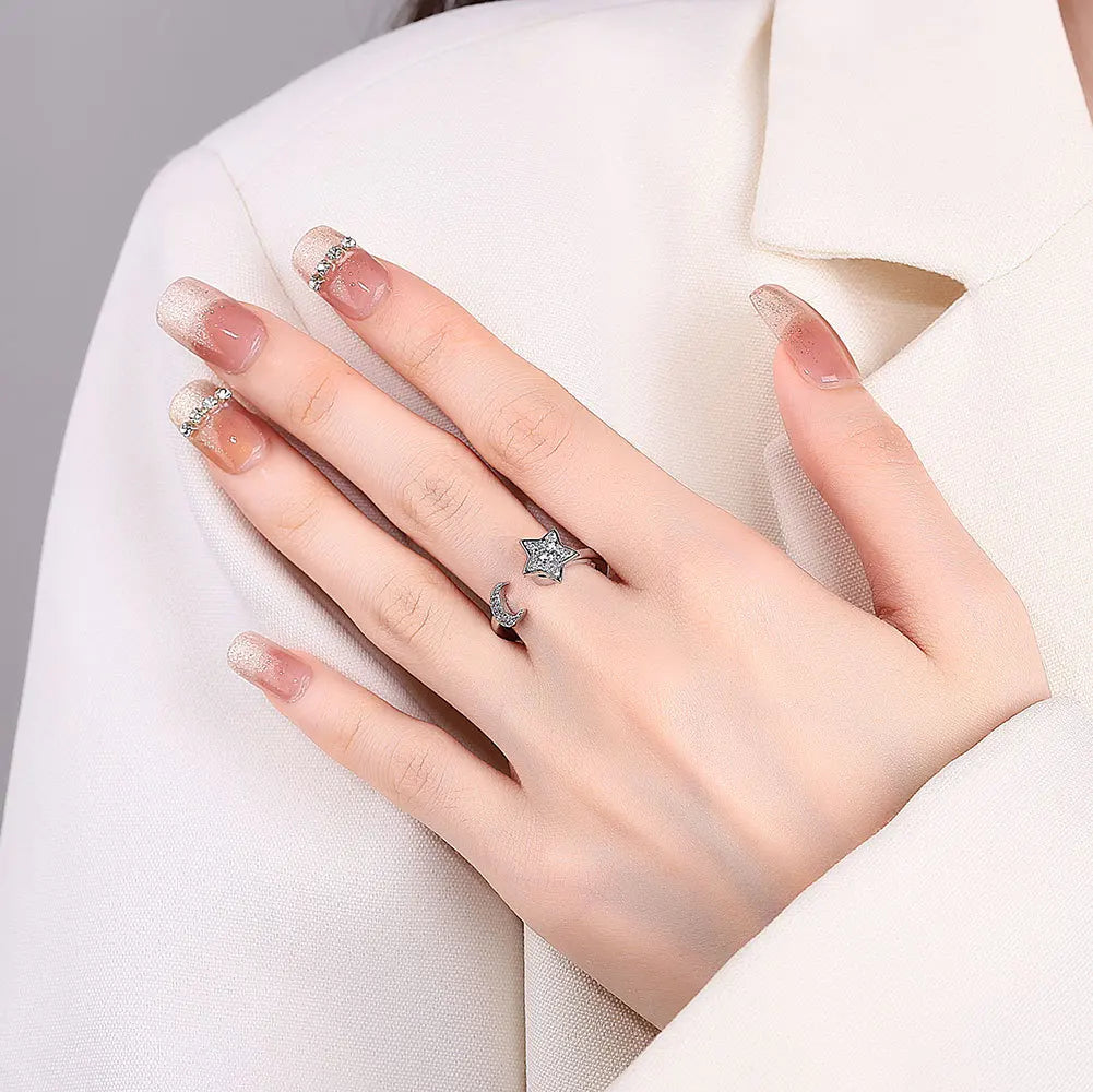 detail bague spinner lune etoiles argent ajustable