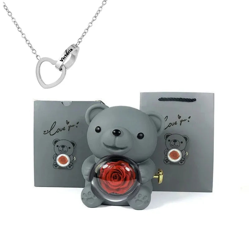 Ours Rose Éternelle & Collier Personnalisé