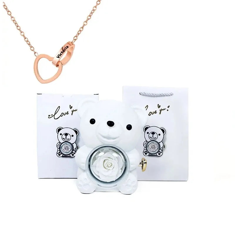 coffret cadeau ours rose eternelle collier personnalise vue ensemble