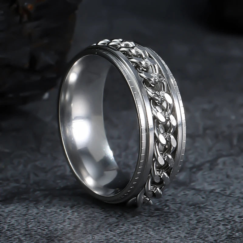 Bague Anti-Stress Rotative pour Homme – Spinner Fidget en Acier Inoxydable avec Chaîne Mobile