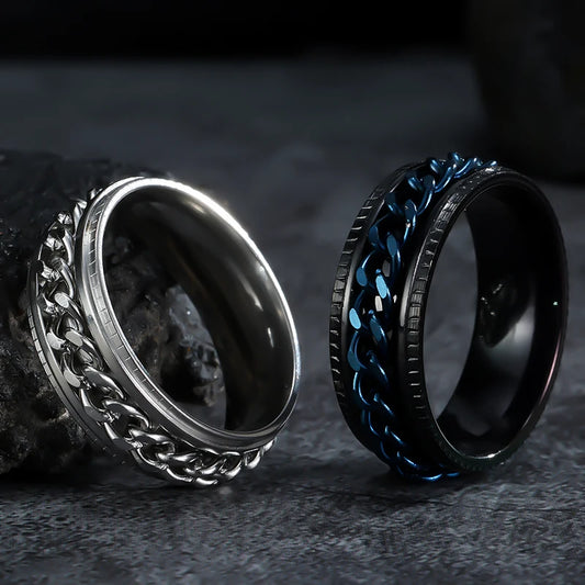 Bague Anti-Stress Rotative pour Homme – Spinner Fidget en Acier Inoxydable avec Chaîne Mobile