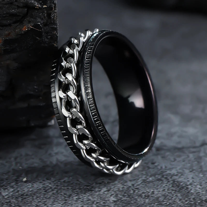 Bague Anti-Stress Rotative pour Homme – Spinner Fidget en Acier Inoxydable avec Chaîne Mobile