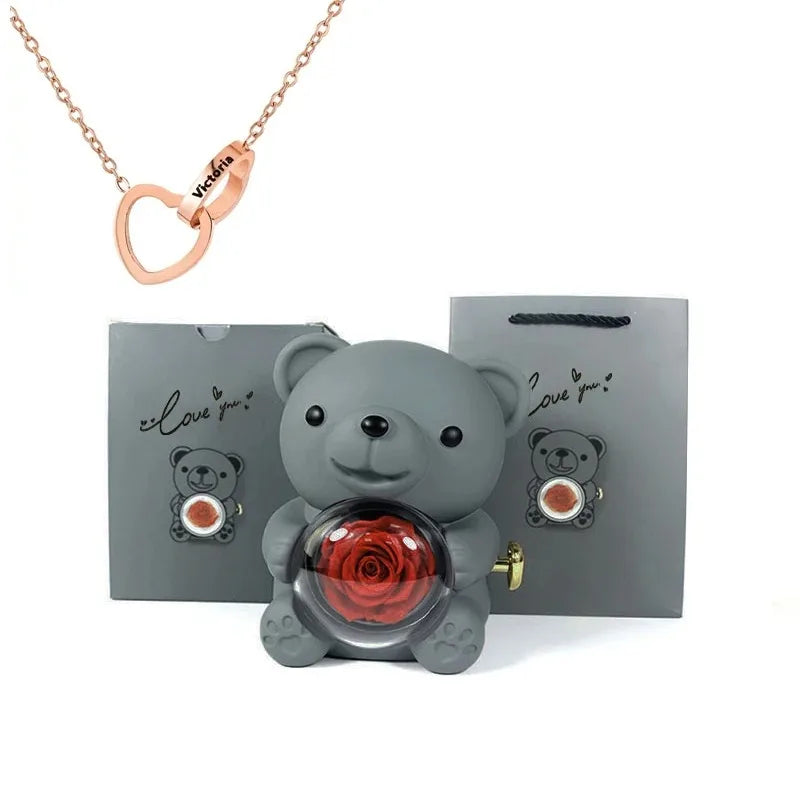 Ours Rose Éternelle & Collier Personnalisé