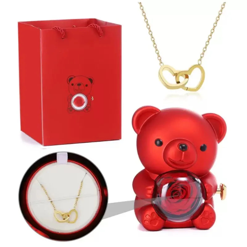 Ours Rose Éternelle & Collier Personnalisé