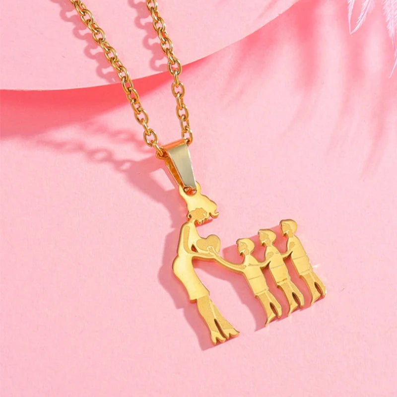 Collier Cœur Maman & Enfants en Acier Inoxydable