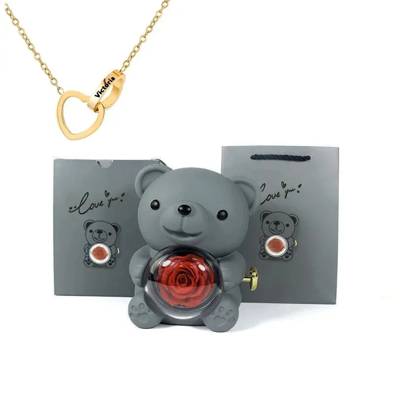 Ours Rose Éternelle & Collier Personnalisé
