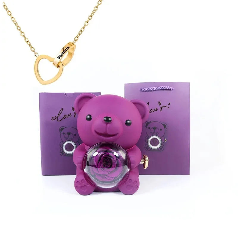 Ours Rose Éternelle & Collier Personnalisé